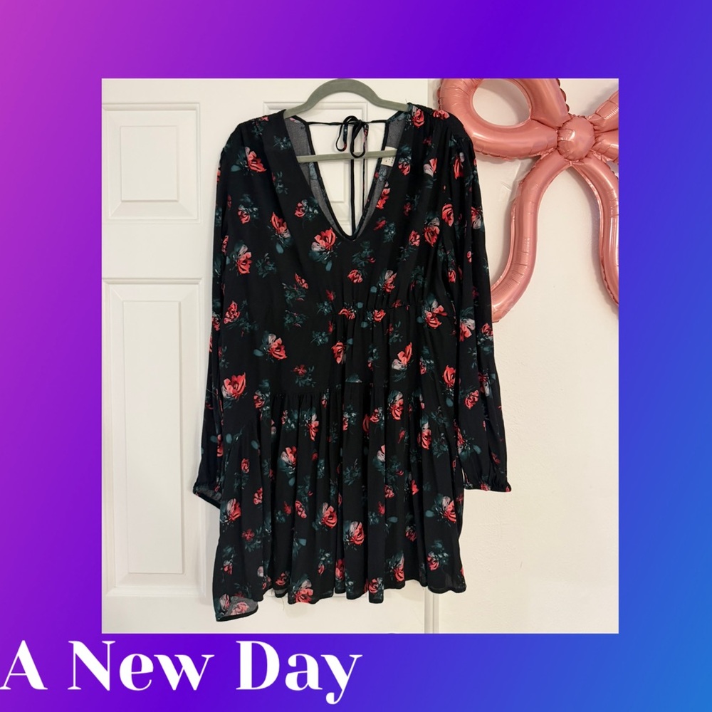 a new day Black Long Sleeve Floral Mini Dress with Red Roses